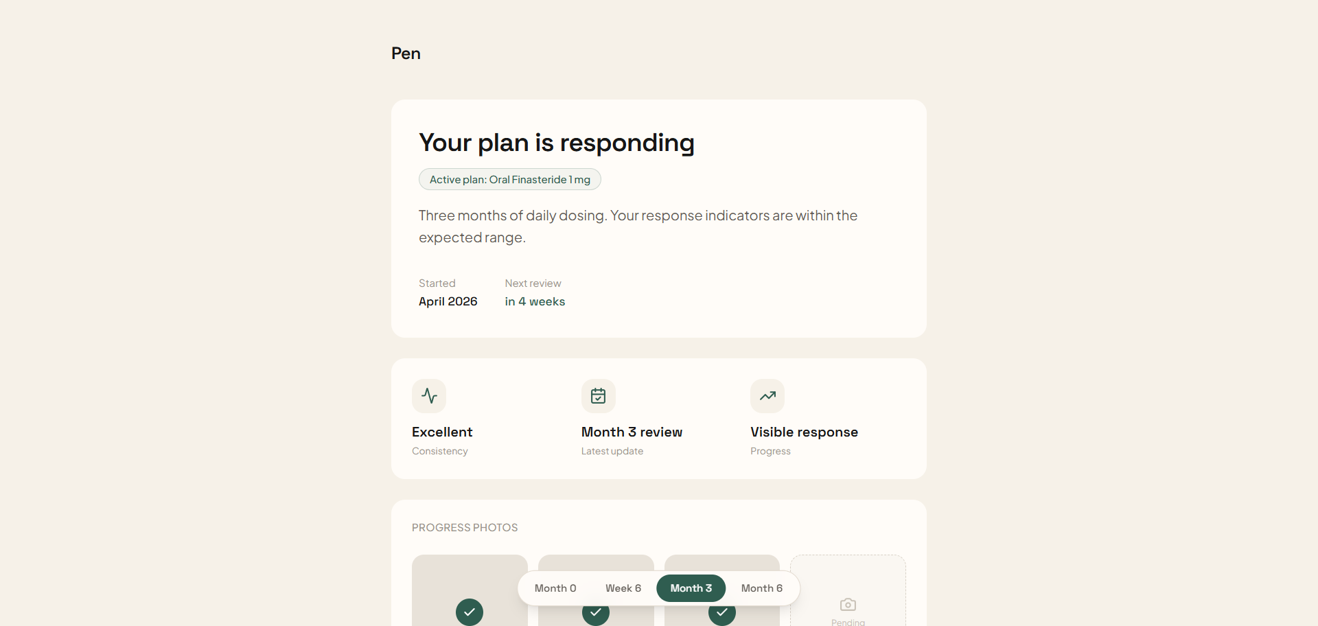 Pen — Month 3 checkpoint inside the longitudinal treatment flow